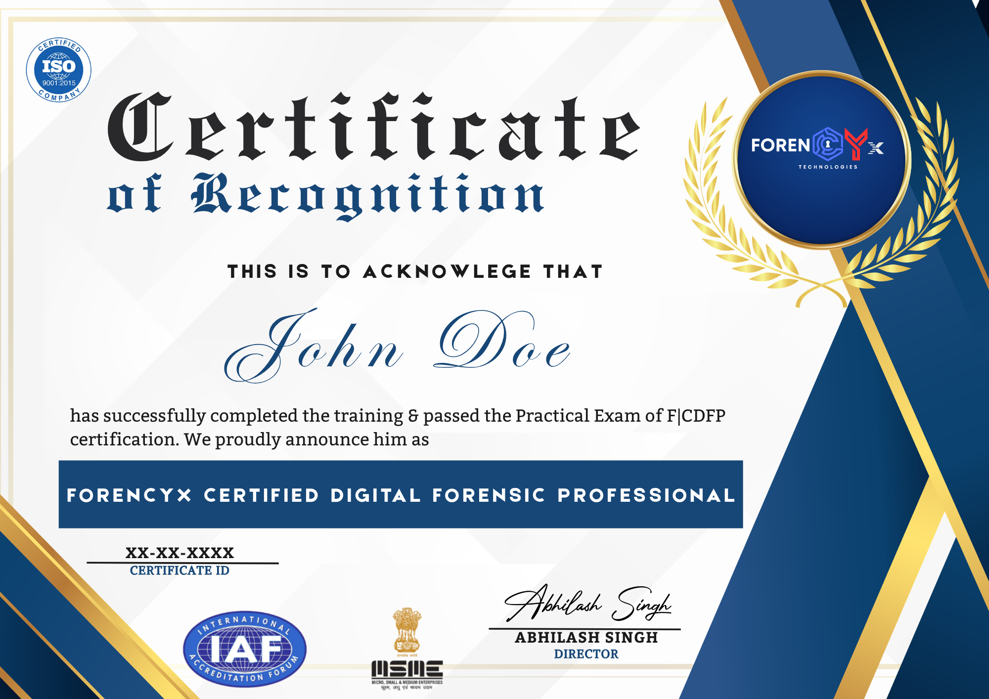 F|CDFP Sample Certificate - ForenCYX Certified Digital Forensic Professional